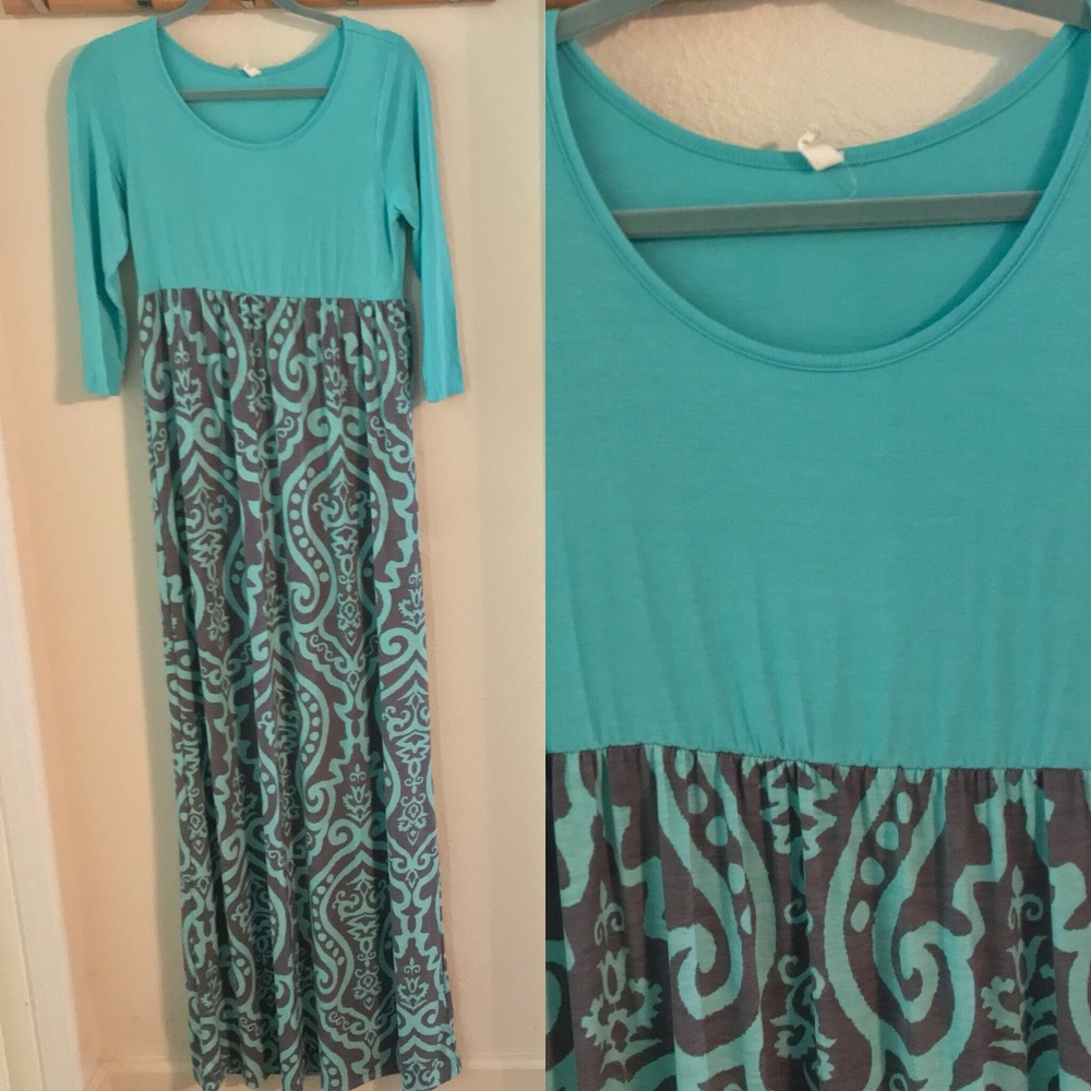 Pink blush maternity maxi dress teal grey paisley